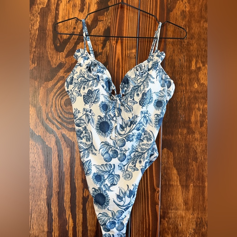 Blue and white one piece swimsuit